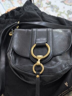 Frye Black Leather Crossbody with Gold Ring Detail